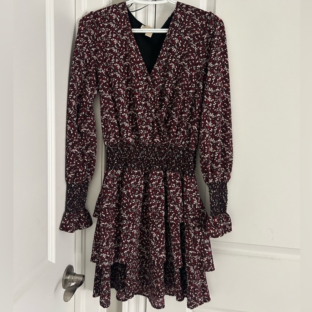 Michael Kors Burgundy Floral Long Sleeve Dress
